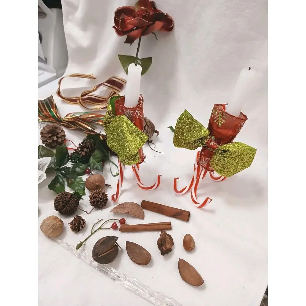 VNTG Christmas Decor Accessories Rose Pine cones Ribbons‎ Candycane Candles Nuts